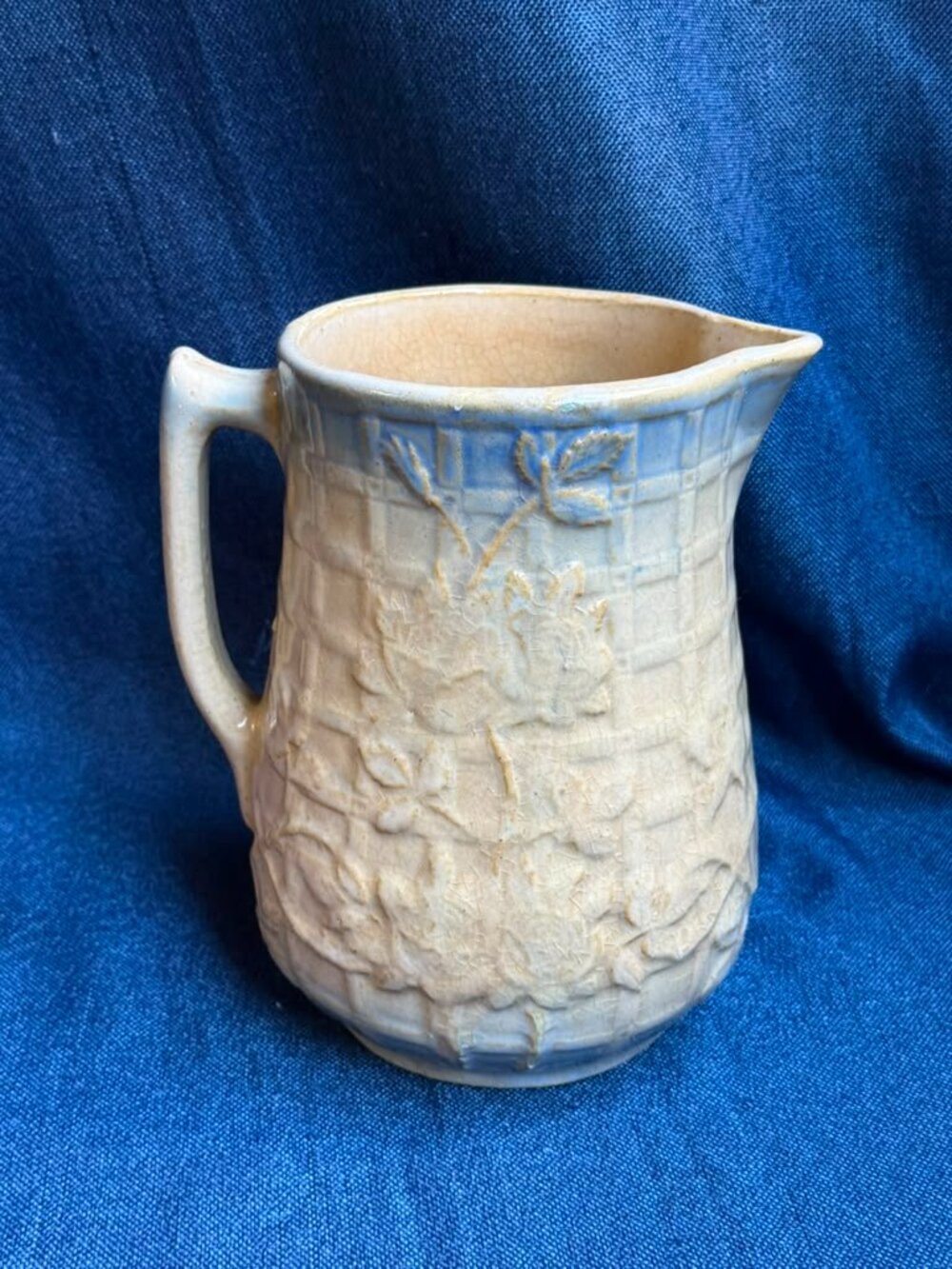 Antique 1880s Salt Glaze Stoneware Basketweave Wild Rose Milk Pitcher Jug 8.5"